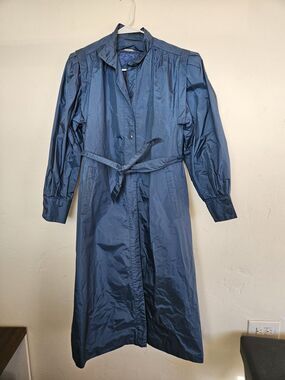 Vintage J Gallery Trench Coat Womens 8 Blue Belted Rubber Nylon Rain Jacket 80s